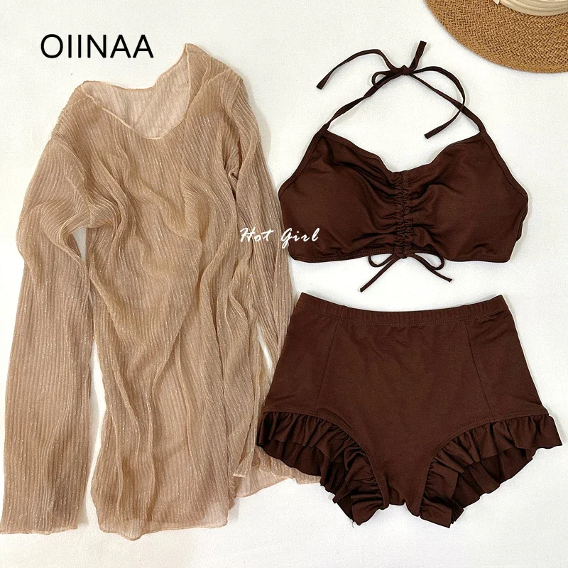 

OIINAA Neck-mounted Bikini Set Women Drawstring Backless Bathing SuitMesh Cover-Ups Summer Korean High Waisted Ruffled Swimwear