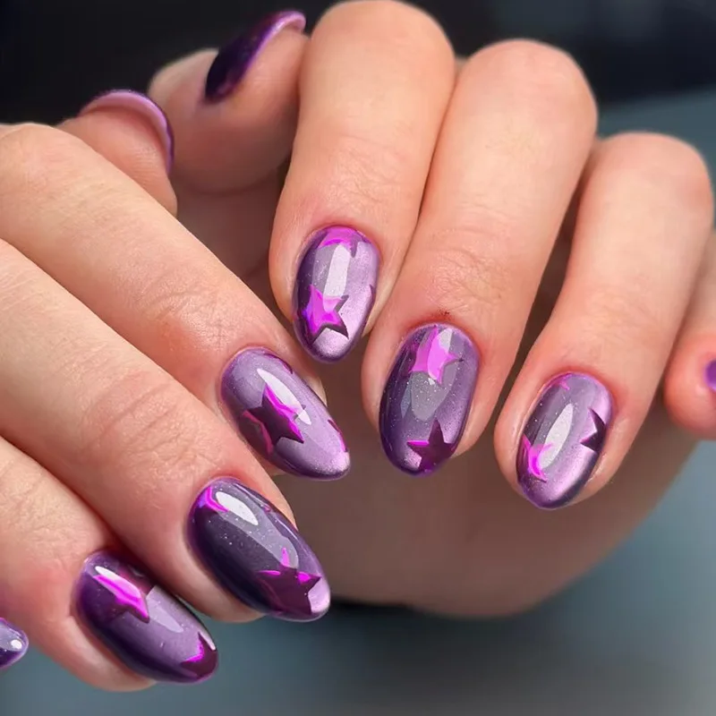 

24pcs Fantasy Purple Almond Press on Nails Tips Cat's Eye False Nails Art Star Pattern Spicy Girl Style Wearable Fake Nail Sets