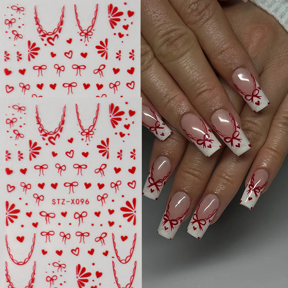 2pcs Red Heart Valentine's Day Nail Stickers - French Sweet Hearts Bow Adhesive Decals Valentine Design Charms Romantic Nail Art