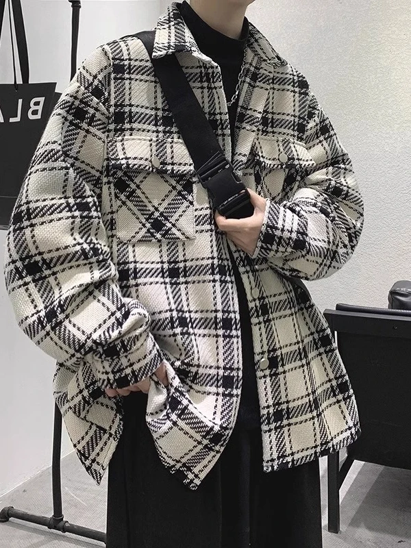 

Extra Large 300 Pou Hong Kong Sle Woolen Plaid irt Jaet Men's Autumn Winter New Loose irt Casual Sle Long Sve