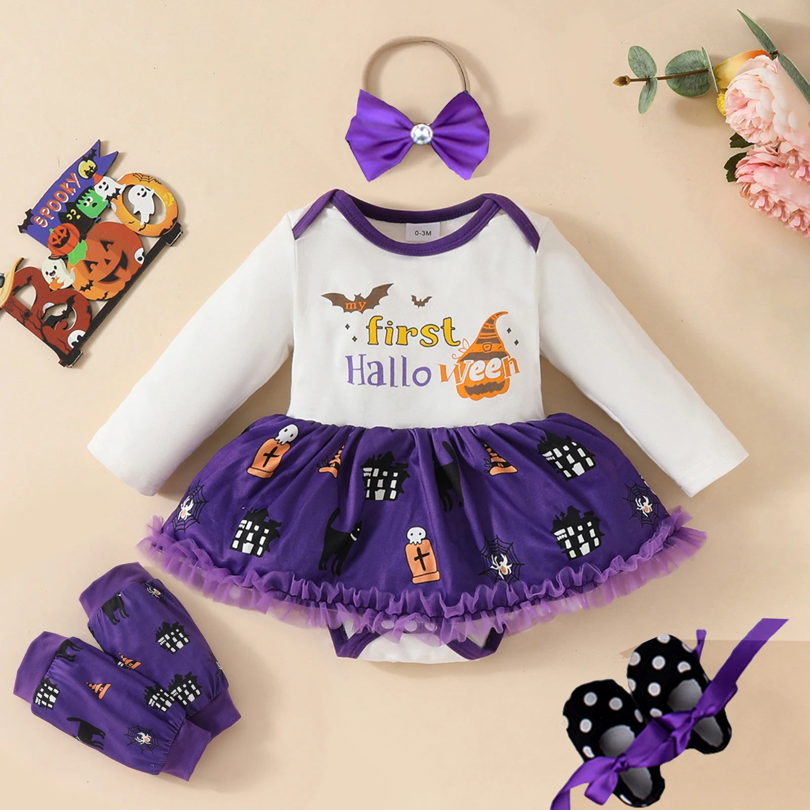 Halloween 0-18M Costumes Newborn Infant Toddler Baby Girl Romper Letter My 1st Halloween Print Tulle Jumpsuit 4pcs bebe Clothing