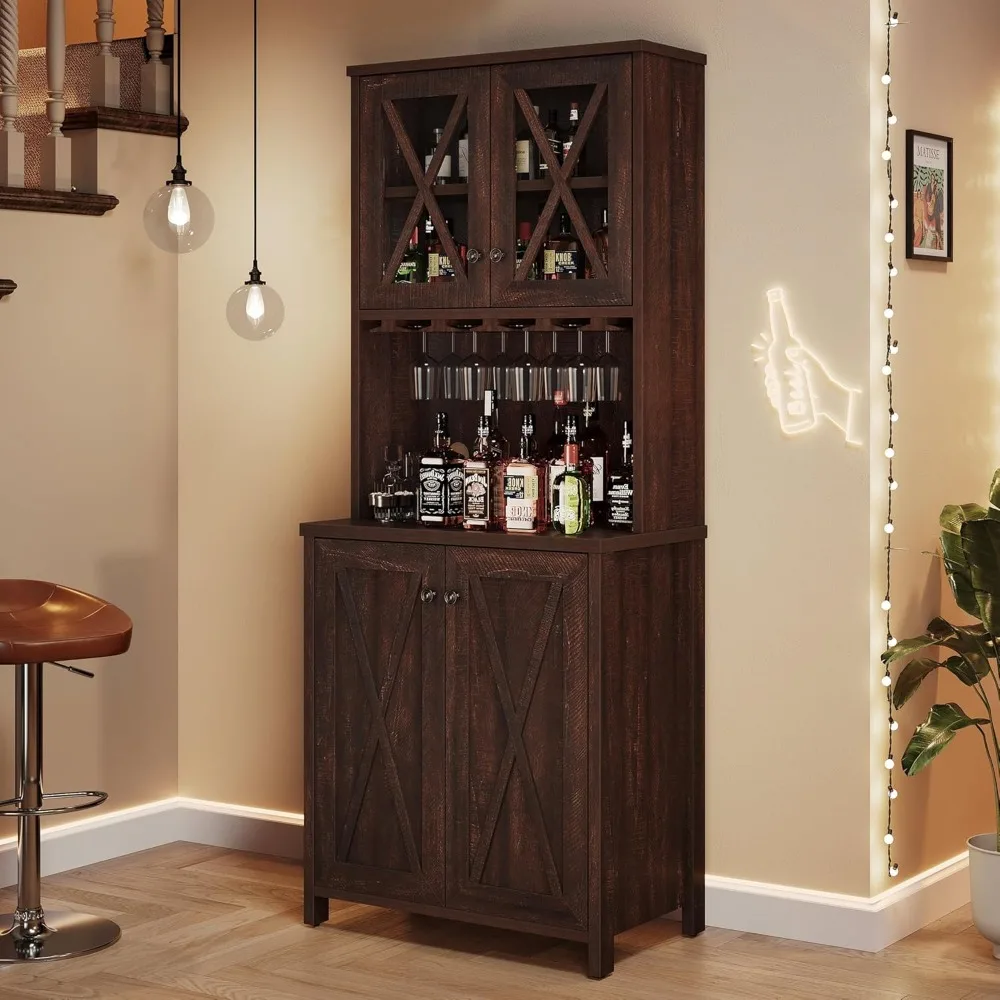 Farmhouse Bar Cabinet, 67" Tall Wine Bar Cabinet with for Wine Glass Rack, Home Bar Cabinet with Open Storage Shelves ＆