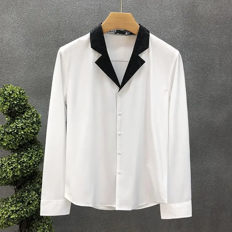 

Korean Men's New Collection Splicing Square Collar Button Fashion Solid Color Minimalist Casual Long Sleeve Shirts XQ730
