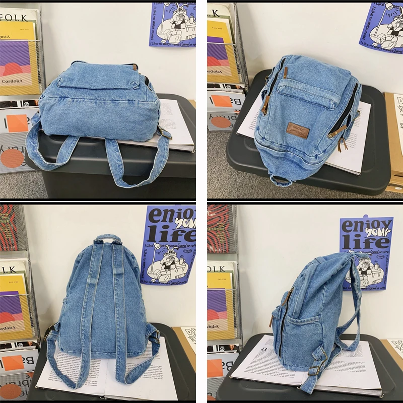 School Trend Student Jeans Bag Denim Fashion Backpacks Multi Pockets Large Capacity Rucksack Mochila De Escola Feminina