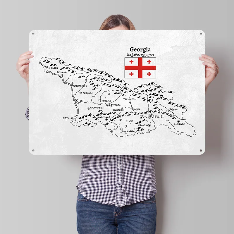Handdrawn Map of Georgia Poster Retro 3D Printed Metal Signs Customized Wall Hanging Gift for Office Decoration Room Home Decor