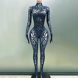 Geometric Printing Diamond Sliver Sexy Elastic Sheath Long Jumpsuit Evening Party Performance Bar DJ Nightclub Singer Stage Wear