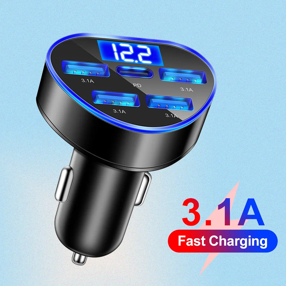 3.1A PD USB Car Charger Fast Charger 5 Ports Type C Mobile phone charger For Iphone 15 Pro Max Xiaomi Huawei Samsung Car Charger