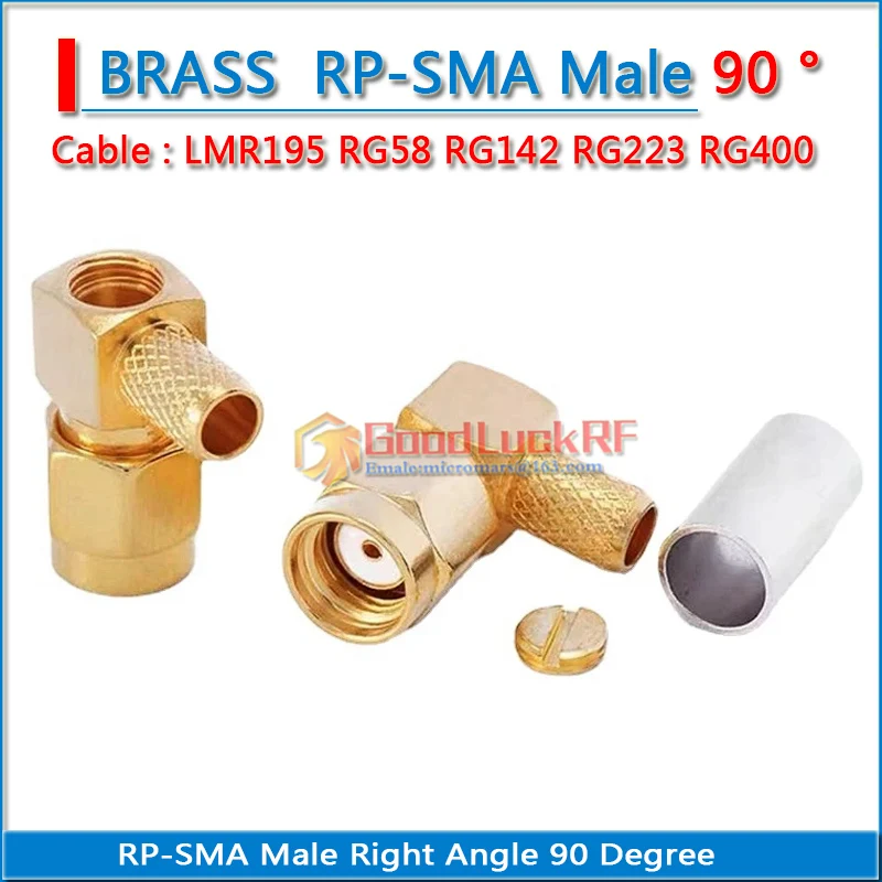 

RP-SMA RPSMA RP SMA Male Jack 90 Degree Right Angle Crimp For RG58 RG142 RG223 RG400 LMR195 Cable Plug Brass GOLD Plated