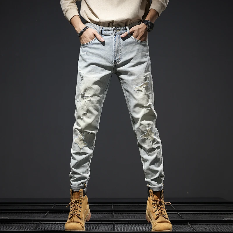 

JXNS1018 casual broken holes stretch light-coloured jeans new personality high street men's trousers versatile Slim nostalgia