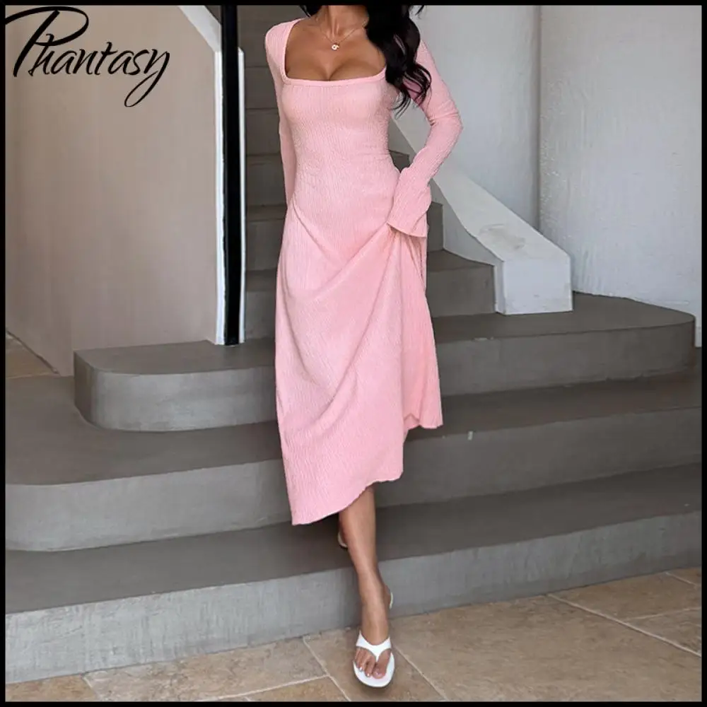 Women Y2K Ribbed Knit Midi Dress Elegant Square Neck Flare Long Sleeve Slim Bodycon Dresses Casual Streetwear Party Club Vestido