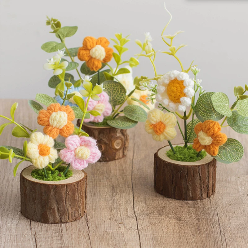 Neue Häkelblumen, niedliche Strickblumen, Topf, Abschlussgeschenk, handgewebte Topfpflanzen, Auto, Tisch, Heimdekoration
