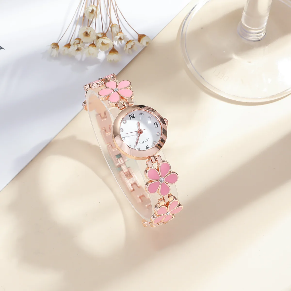 Rhinestone Flower Quartz Bracelet Watch Cute Fairy Core Analog PU Leather Bangle Watch For Women Girls