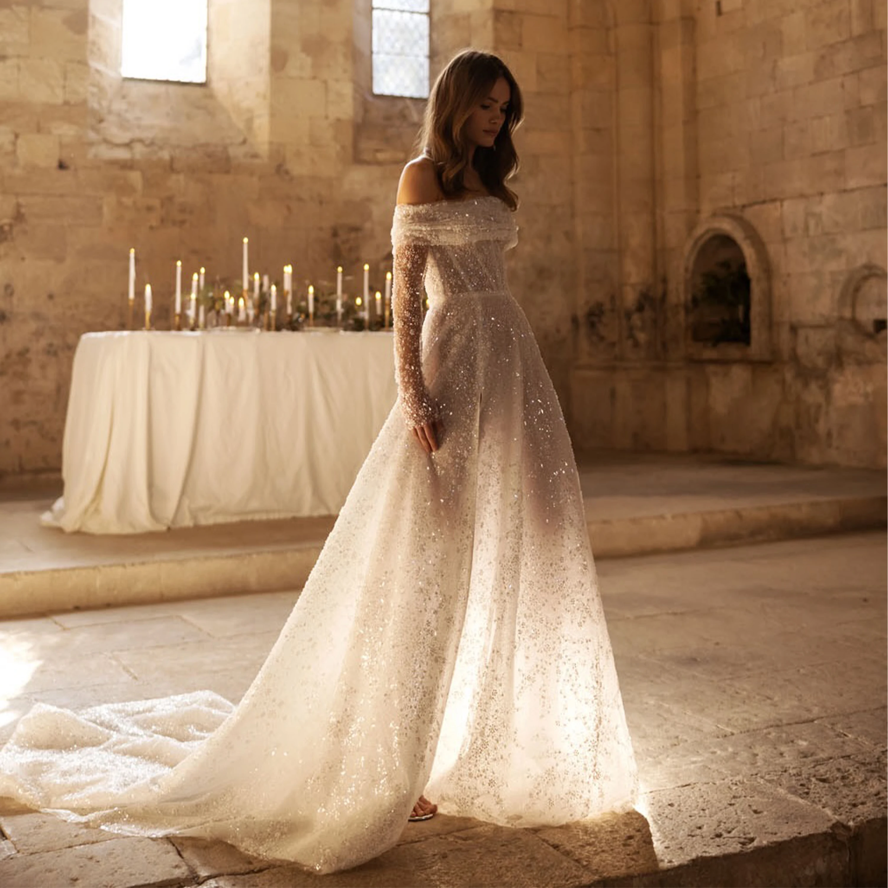 Sparkly A‑Line Wedding Dress Detachable Sleeves Off‑Shoulder Strapless Corset Bodice Slit Cathedral Train Bridal Gown Customized