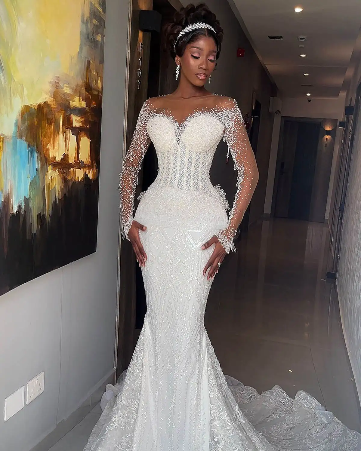 Elegant Wedding Dress Beading Rhinestone Bridal Gowns Detachable Train Long Sleeves Princess Bride Dress Plus Size Customized