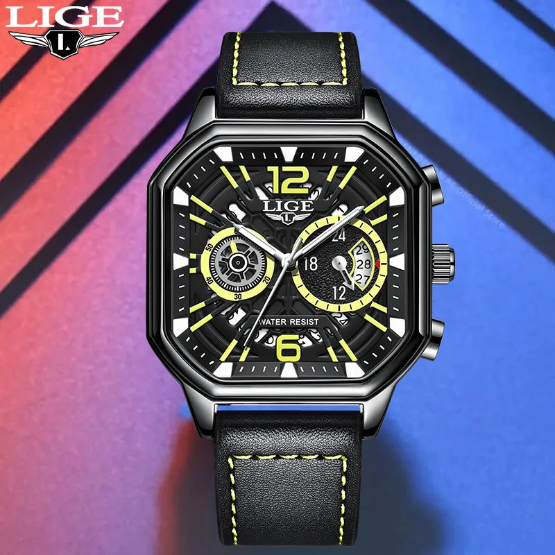 

Мужские часы LIGE Fashion Luxury с кожаным ремешком, кварцевые, водонепроницаемые, светящиеся, повседневные, спортивные, с функцией хронографа и даты.