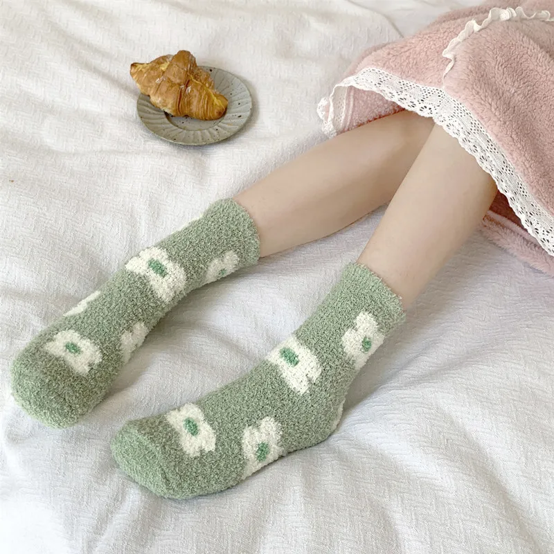 Cream Style Women Socks Autumn Winter Cute Strawberry Cherry Jacquard Fuzzy Coral velvet Thermal Ladies Sleeping Socks SK36