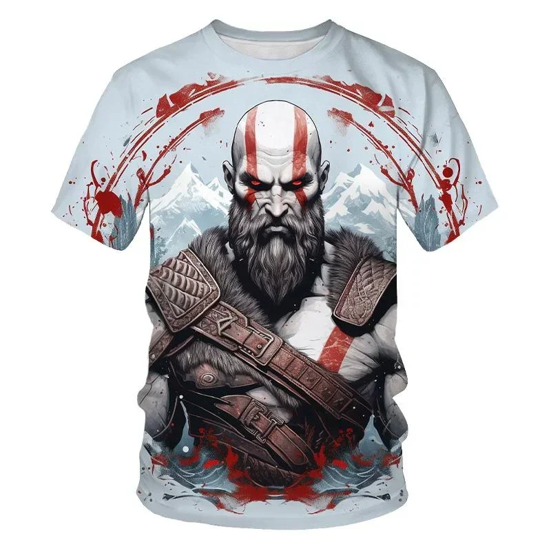 3D Printed Round Neck Men\'s T-shirt, God of War Game Character, Hip-hop Trend, Harajuku Street Clothes, Short Sleeve, Fashion