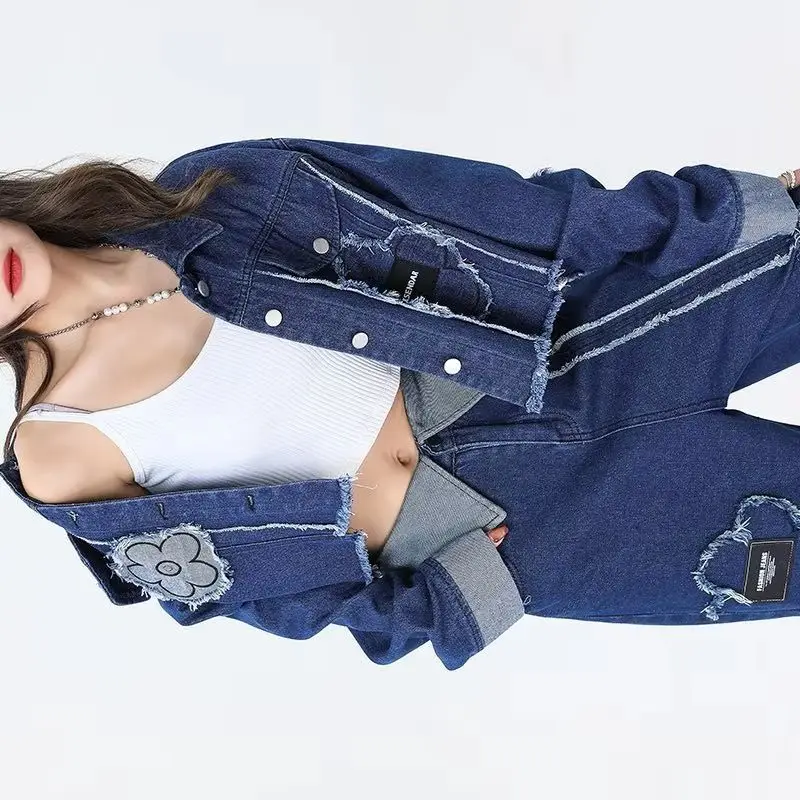 

Denim Jacket Women's Spring and Autumn Fashion Brand Theme Small Flower Short Wash Destruction Raw Edge Denim Jacket Versatile