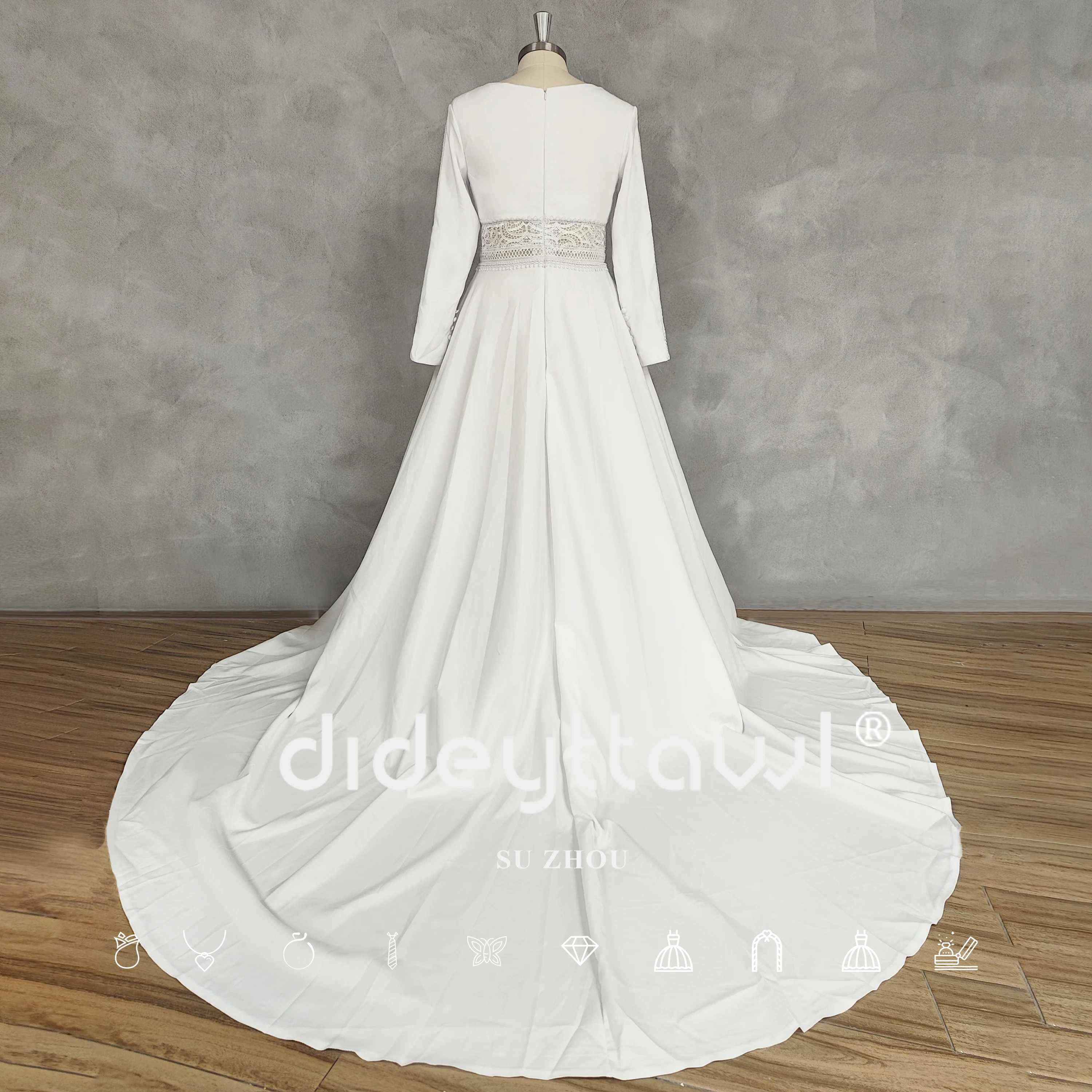 DIDEYTTAWL Real Picture Boho Deep V-Neck Long Sleeves Crepe A-Line Wedding Dress Zipper Back Court Train Bridal Gown Custom Made