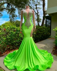 Backless Fluorescent Green Long Prom Dresses For Black Girls Mermiad Wedding Dress Birthday Party Gown Bead Satin abends kleider
