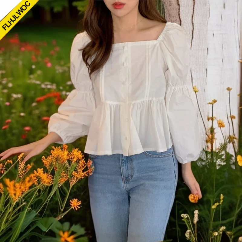 

Шикарные корейские топы с квадратным вырезом, Blusas для женщин, весна 202, милые японские девушки, однотонные белые короткие рубашки с баской на животе, блузки