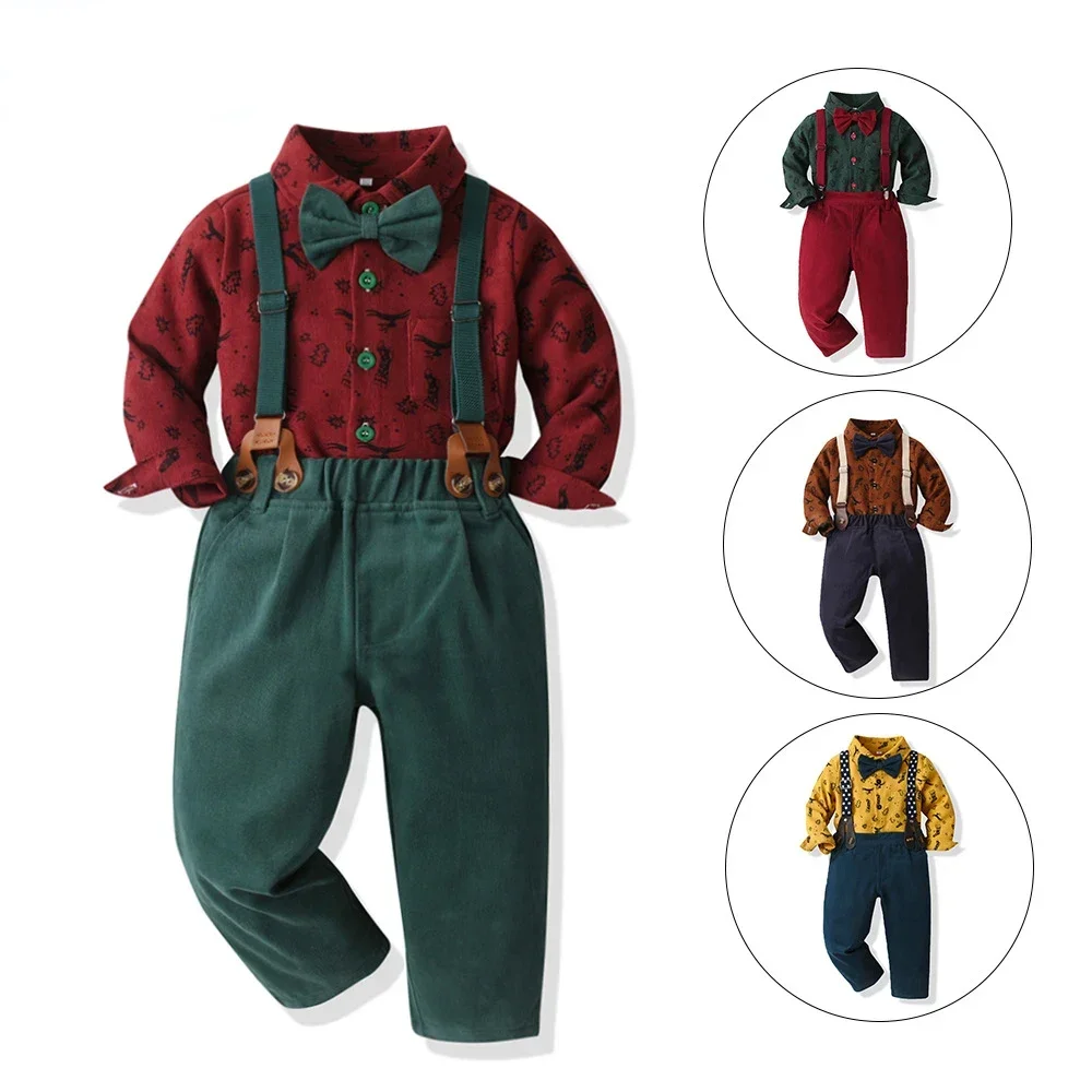 Kids Boy Gentleman Children\'s Clothing Set Long Sleeve Shirt+Pants Overalls Teens Formal Suit Christmas Outfits 1 2 3 4 5Y Sets