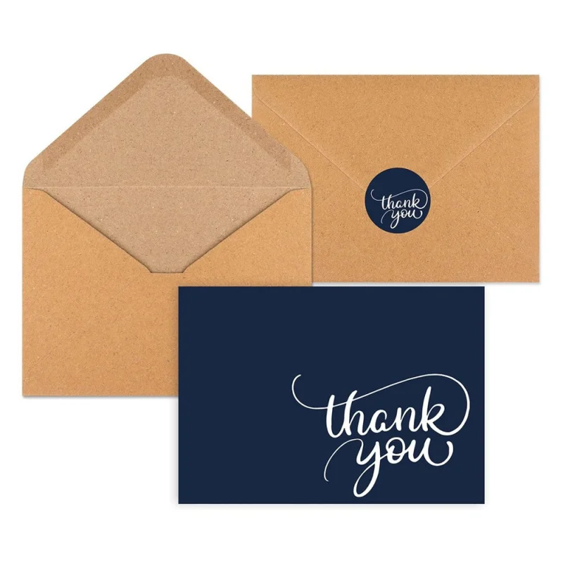 

20 0.Zhang.Custom.Eco Friendly Navy Blue Thank You Cards with Brown Paper Envelopes and Stickers Small Business