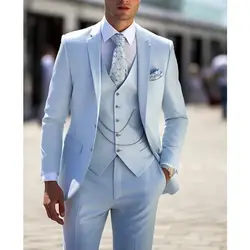 Trajes de solapa con muescas para hombre, chaqueta elegante de un solo pecho, pantalones, chaleco, traje de boda ajustado, azul cielo, sin accesorios, 3 piezas