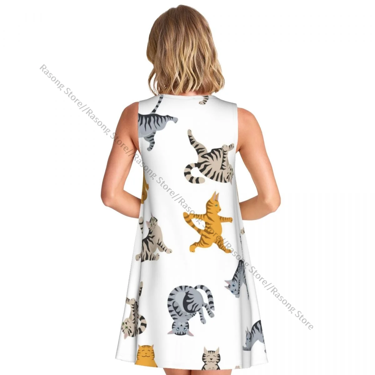 Robe d'été pour femmes, t-shirt décontracté, couverture de plage, chats avec différents poses de Yoga, robe débardeur