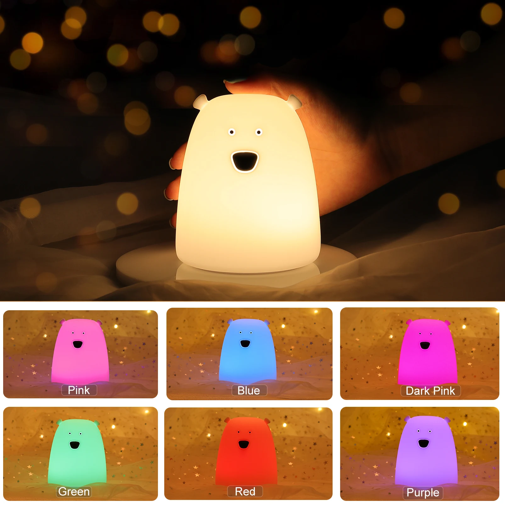 Urso LED Night Light Decoração, lâmpada de cabeceira, Silicone, Touch Sensor, Tap Control, bebê, crianças, Ddormitorio, Bonito