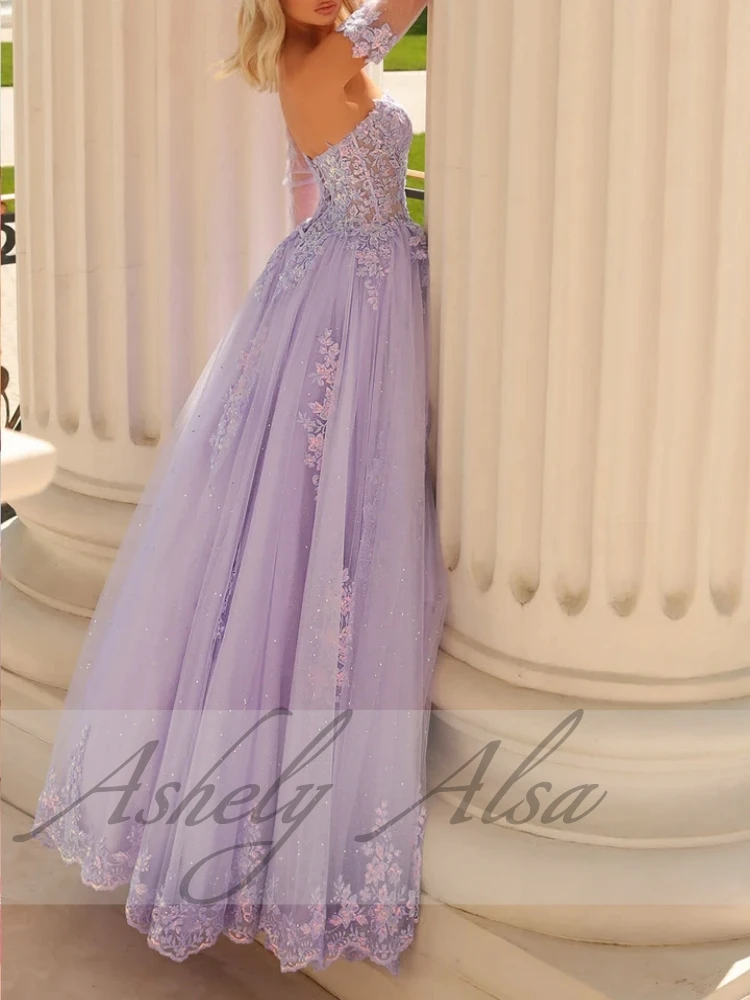 Customized Lilac Sweet 15 Prom Dresses Lace Applique A Line Long Women Formal Evening Dress Wedding Party Gown vestidos de gala