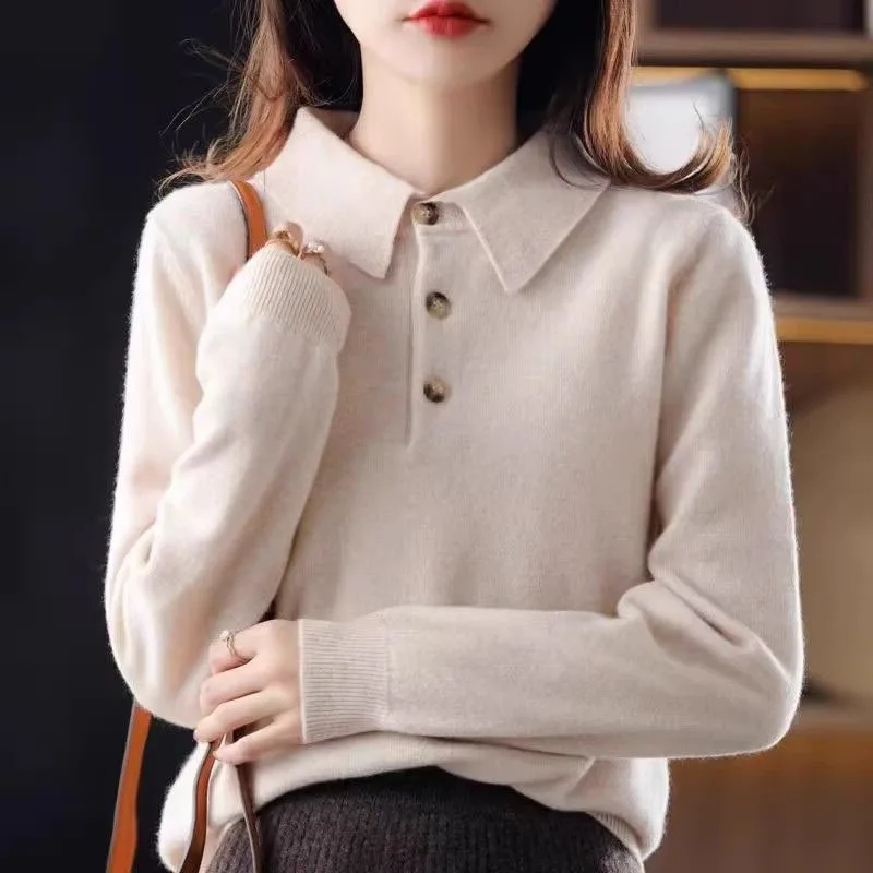 New Autumn and Winter Fashion Western Hong Kong Style Polo Neck Loose and Slim Versatile Women's Long Sleeve Knitted Sweater