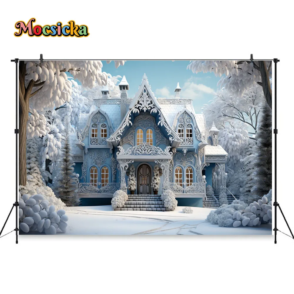 عيد الميلاد الأزرق ثلجي البيت خلفية للتصوير الفوتوغرافي الاستوديو ، الشتاء ، المجمدة ، العجائب ، الغابات ، الاطفال خلفية الصورة ، كشك الطرف