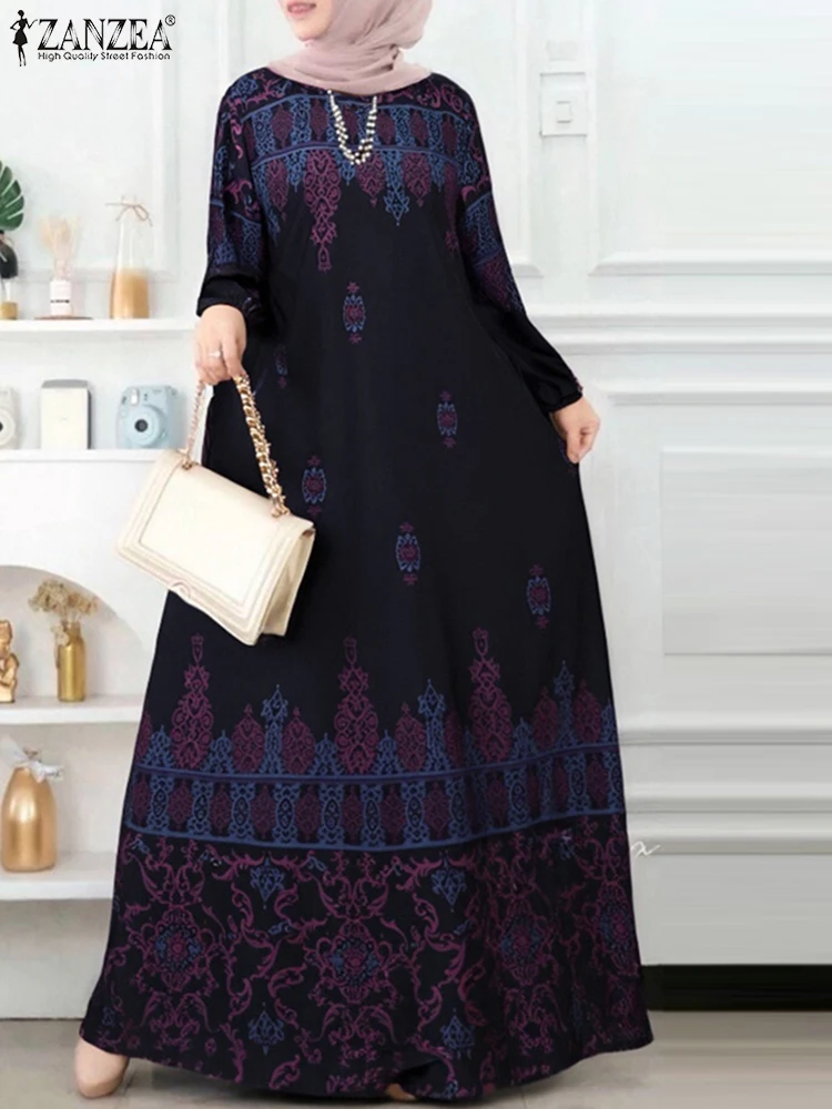 

Fashion Women Long Sleeve Muslim Dress Abaya Kaftan ZANZEA Bohemain Printed Sundress IsIamic Robe Eid Mubarek Maxi Long Vestidos
