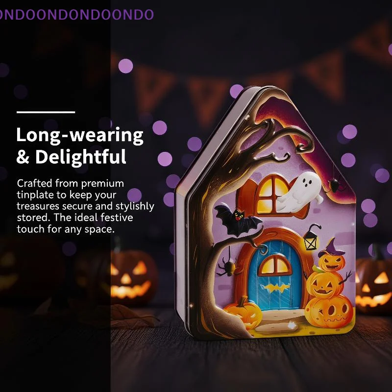 House Design Halloween Tinplate Candy Container Reusable Food Safe Storage Box for Holiday Party Favors Treats Gifts