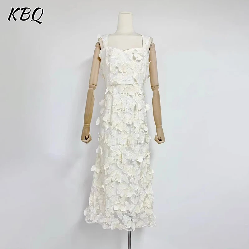 

KBQ Sweet Slimmign Spliced Appliques Long Dresses For Women Square Collar Sleeveless Backless High Wiaist Chic Dress Female New
