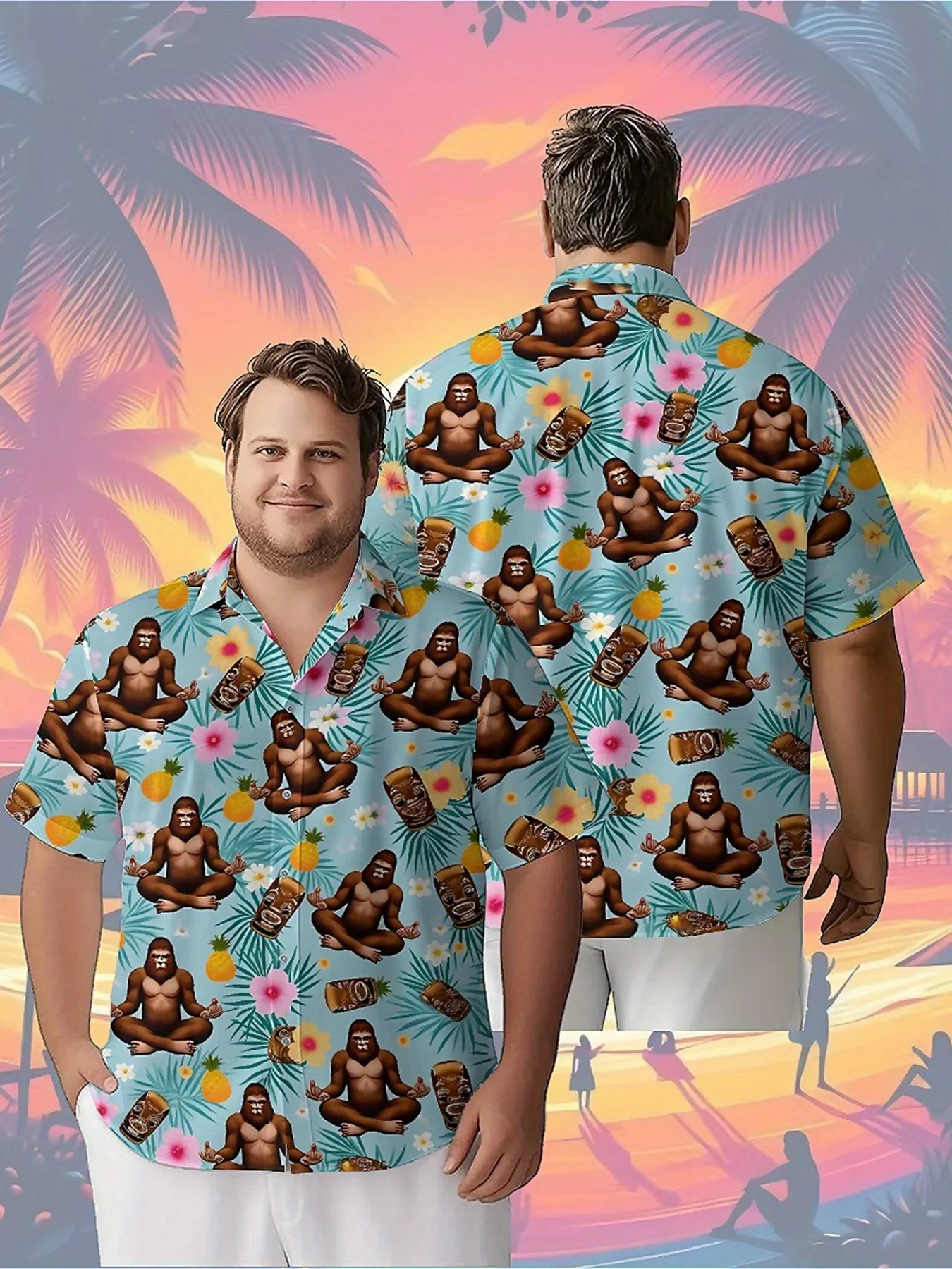 

Men's Plus Size Hawaiian Shirts Yoga Monkey in Tropical Jungle pattern,Unisex Baggy Aloha Shirts,summer Alternative Clothing