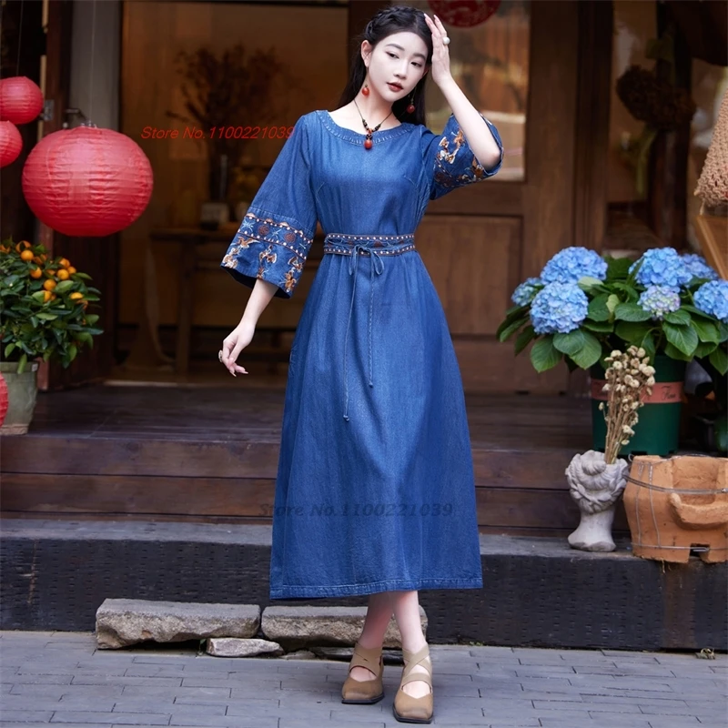 

2024 chinese vintage hanfu dress national flower embroidery o-neck denim dress traditional vintage oriental ethnic a-line dress