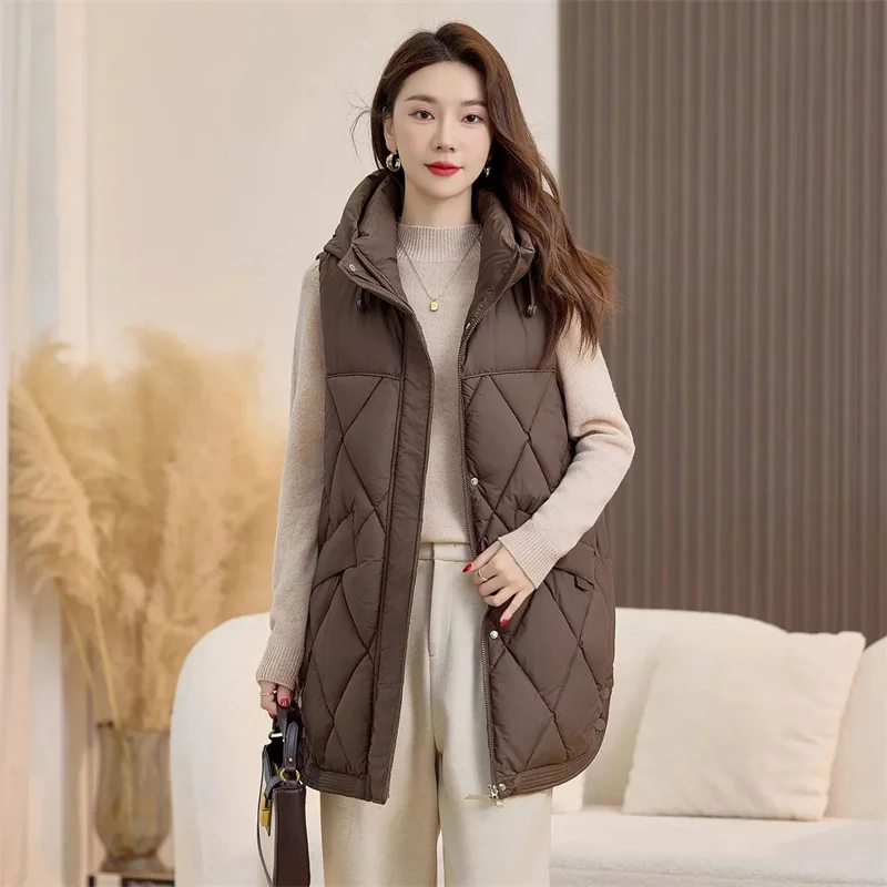 

Женский толстый хлопковый жилет, осенне-зимняя повседневная куртка без рукавов, корейская мода, свободный жилет средней длины с капюшоном, женская верхняя одежда
