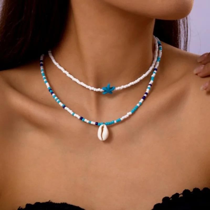 Boho Double Layer Beaded Starfish Shell Turtle Pendant Necklace Women Colorful Beads Clavicle Chain Choker Beach Party Jewelry