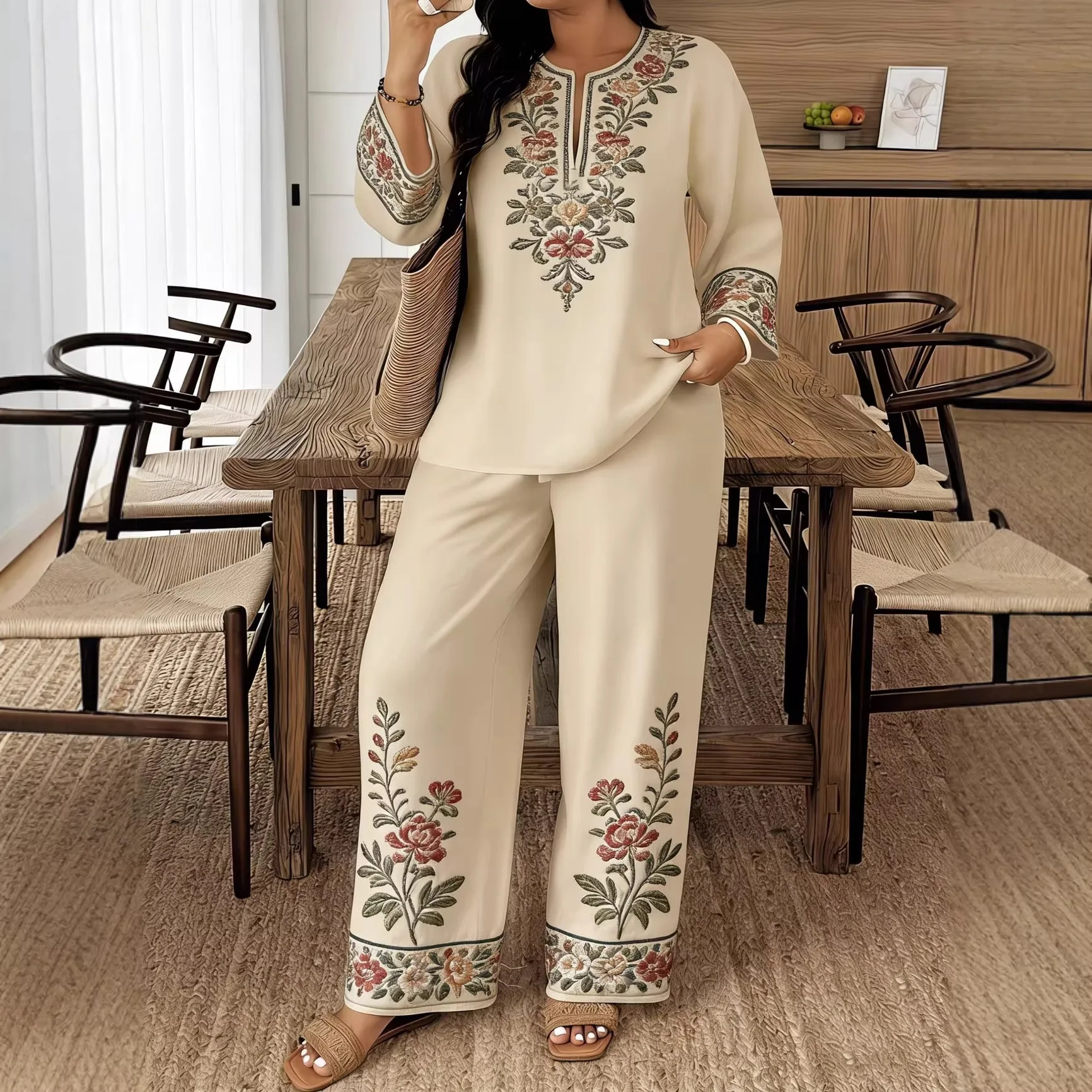 

Fashion Print Pants Set Women Blouse Straight Trousers Two Piece Set Woman Shirt Tracksuit Set Summer Top Matching Sets Outfits