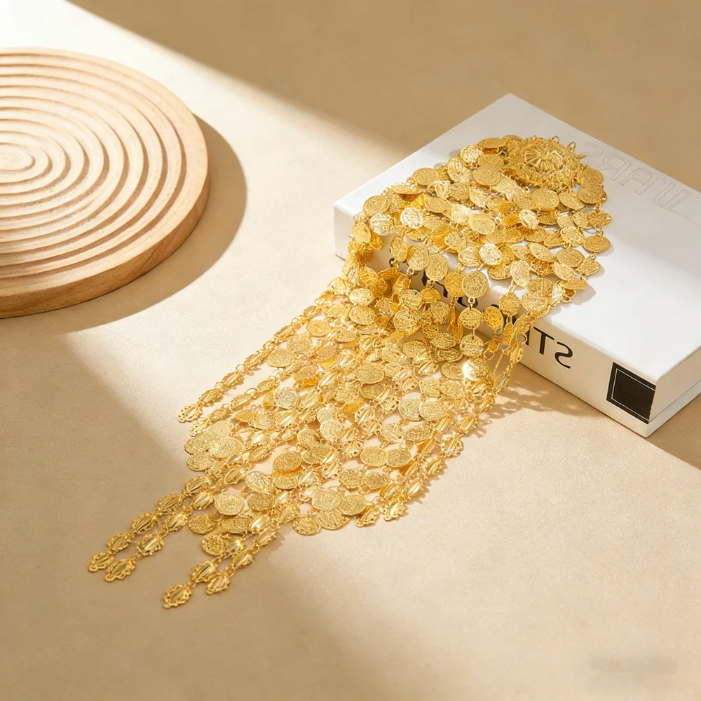 Sparkling Vintage Ethnic Long Head Chain, Gold Carved Coin Multi-Layer Tassel Embellished For Ethnic Party Stylish Look image 2