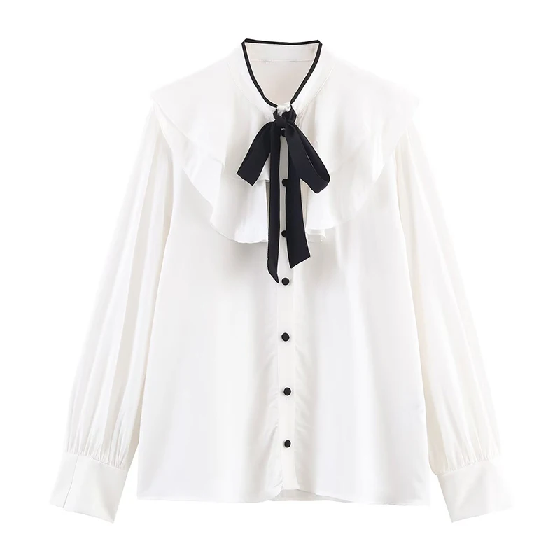 

2025 Autumn New Women's Clothing, Fashion Color-Block Bow Layered Decorative Shirt.