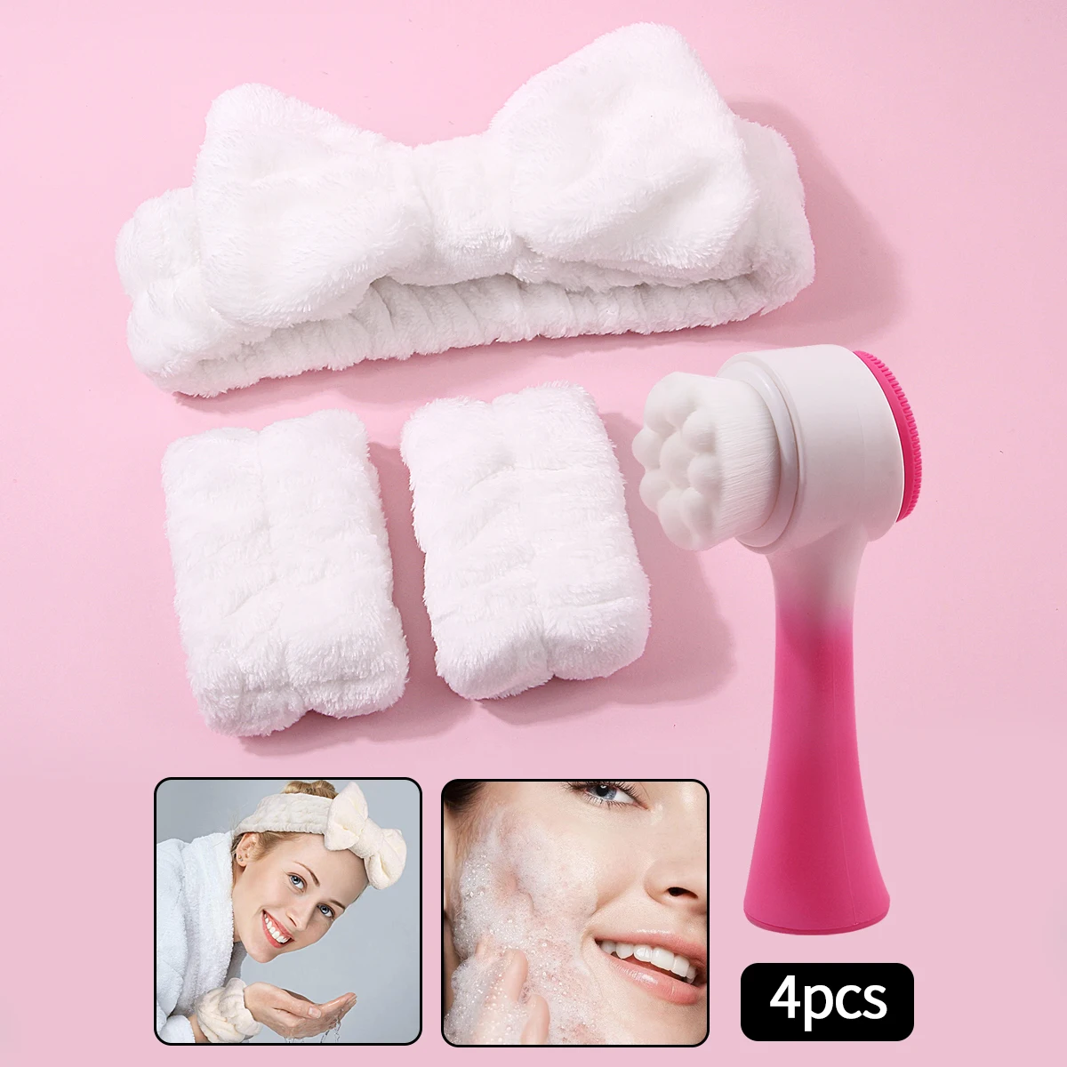 4-częściowy zestaw do mycia twarzy, opaska na głowę, pasek na nadgarstek, odporny na wilgoć i chłonny, w połączeniu z silikonowym zestawem pędzli do mycia twarzy