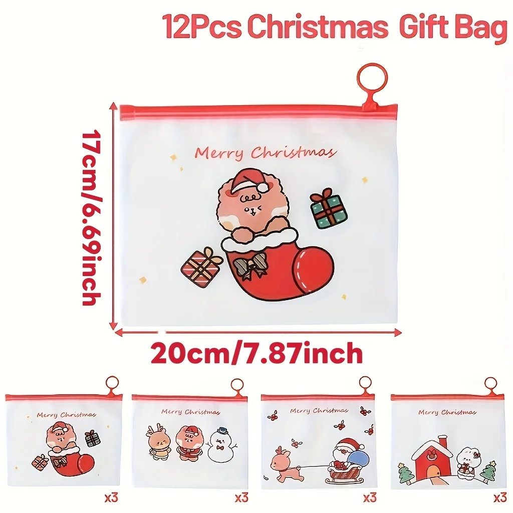 Christmas Zipper Gift Bags, Cute Cartoon Santa Snowman Reindeer Bear Pattern Frosted Ziplock Pouches with Pull Tab, Merry Christ