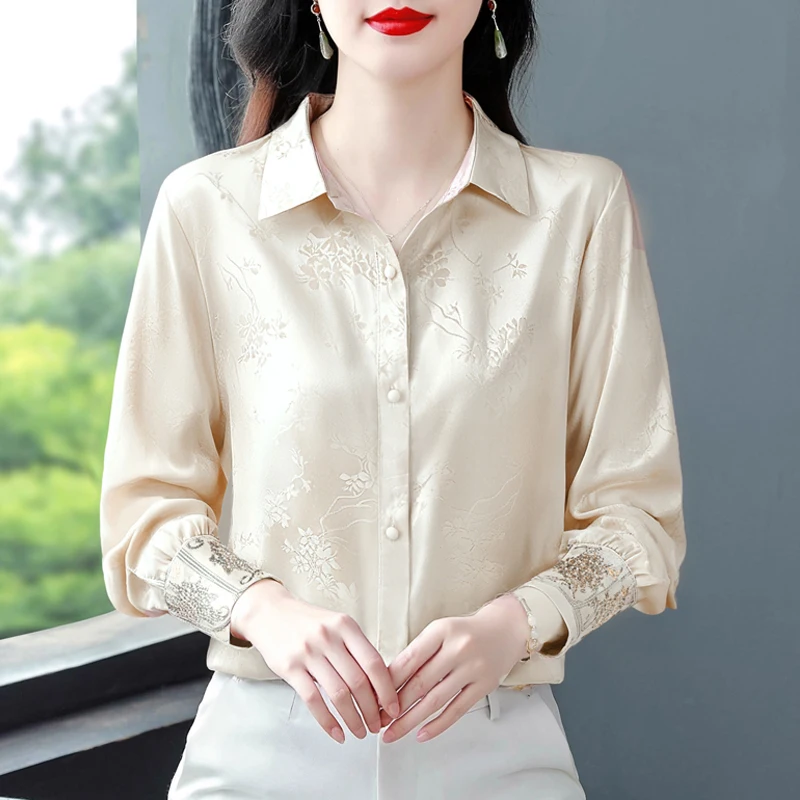 Camicetta da ufficio a maniche lunghe con camicia in raso jacquard da donna - Design elegante con ricamo per top primaverili autunnali da lavoro