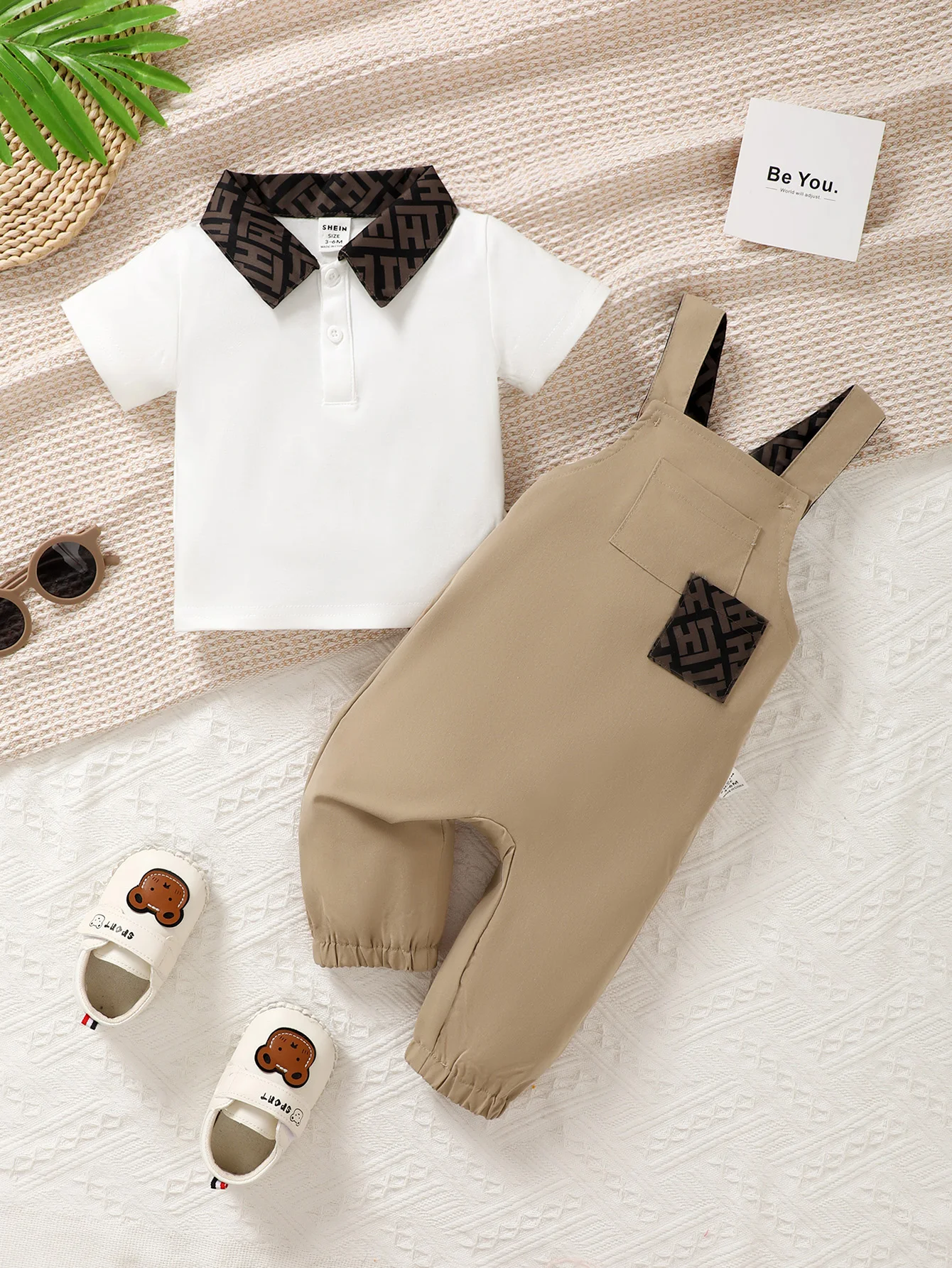 Summer Short-Sleeved Boys And Babies Formal Two-Piece White Polo Collar T-Shirt Shirt Khaki Bunched Ankle Overalls Fashion Suit