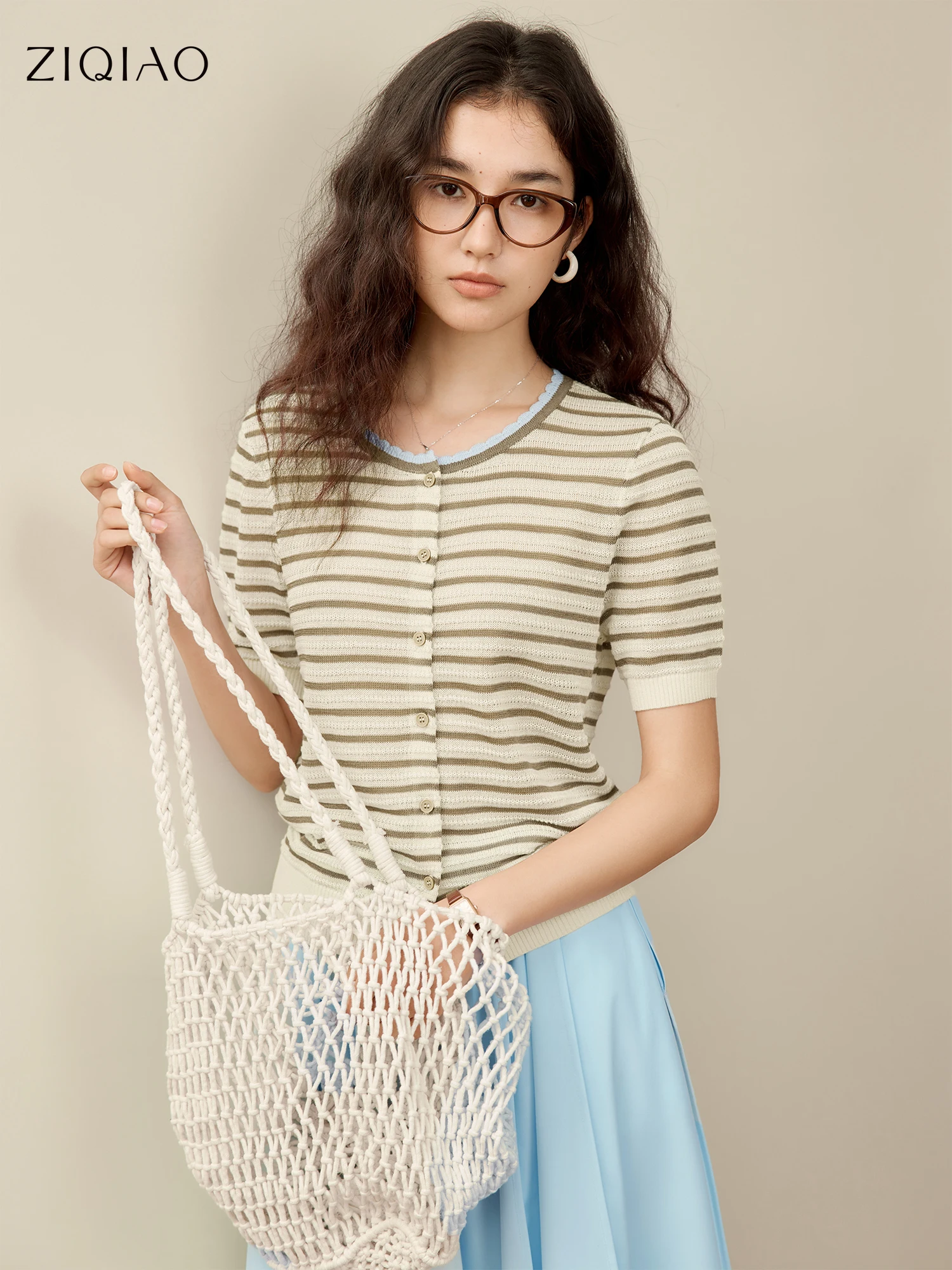 ZIQIAO Petite Women's Lightweight Striped Knitwear Short Sleeve Summer 2025 New French-inspired Casual Open Knit Top 25ZQ92248