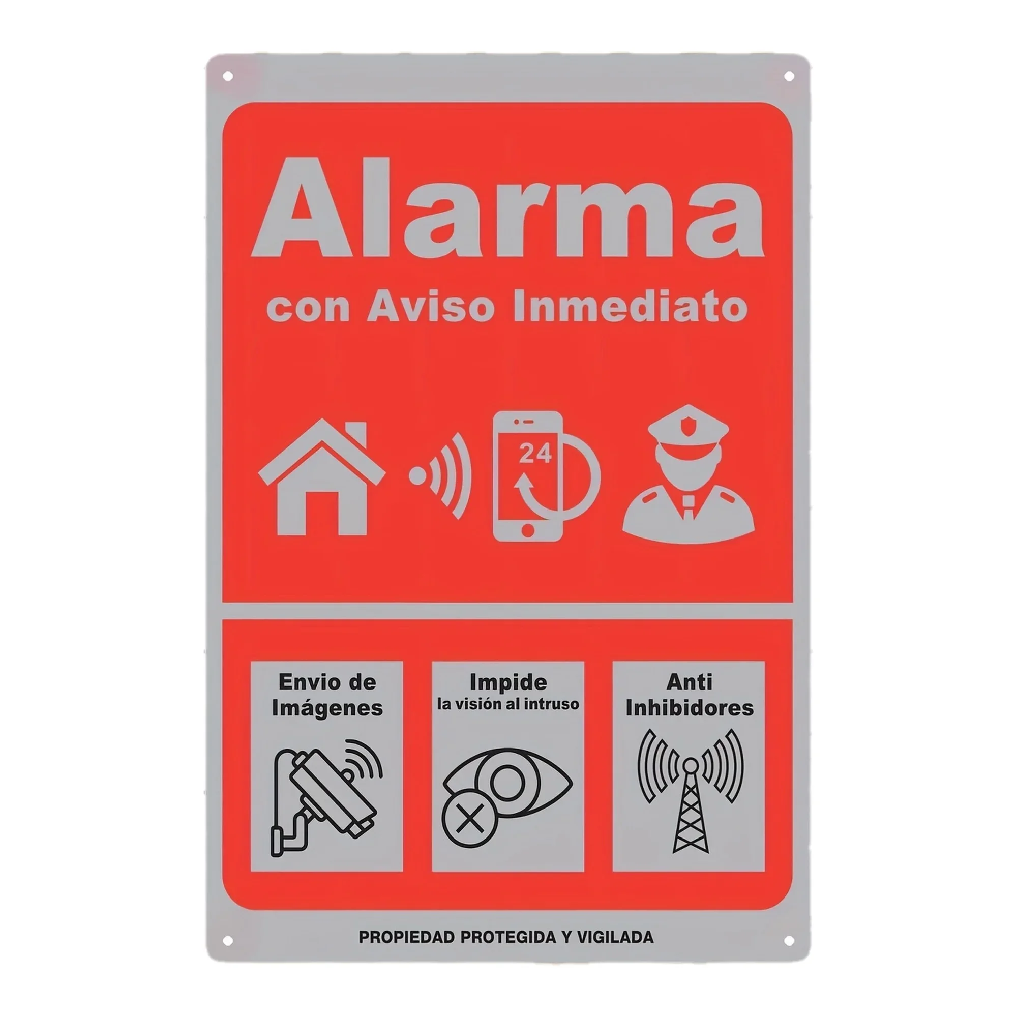 Señal de alarma de alerta instantánea: decoración de pared de hierro, roja con iconos blancos, visión antiinstrusión, antiinhibidores, protección 24 horas al día