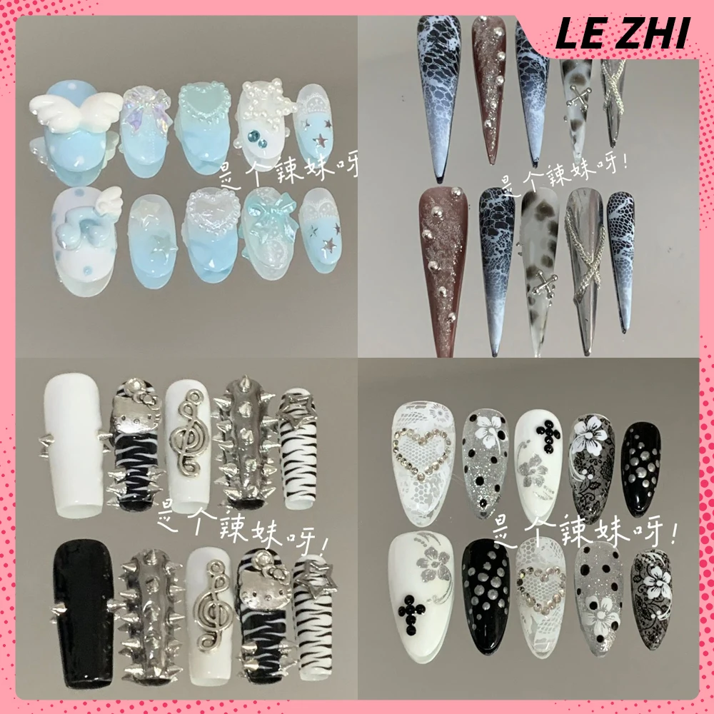 

10Pcs Y2K Long Coffin Tip Shaped Wearable Full Cover Art Nail Sweet Cool Hello Kitty Diamond Bowknot Flowers Nails Party Sticker